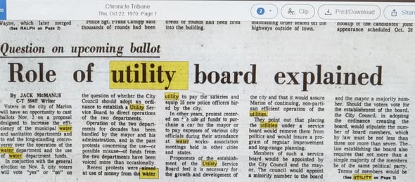 Chronicle-Tribune article from July 1, 1970 discussing utility board costs
