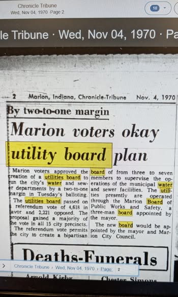 Chronicle-Tribune article from November 4, 1970 reporting that Marion voters approved the utility board plan