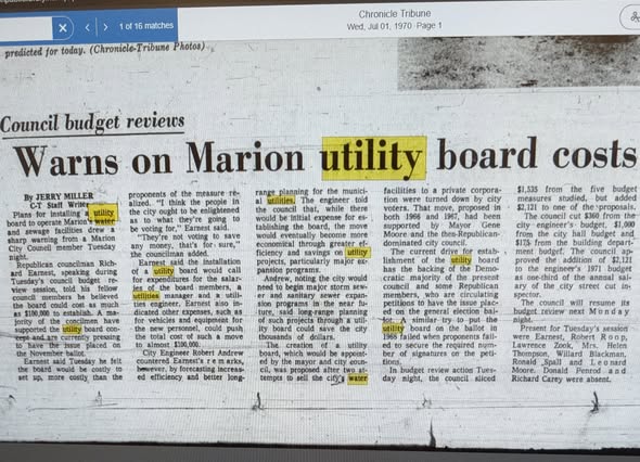 Chronicle-Tribune article from October 22, 1970 explaining the role of the utility board